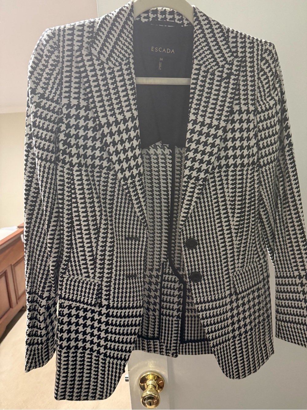Escada Black and White Houndstooth Double-Breasted Blazer